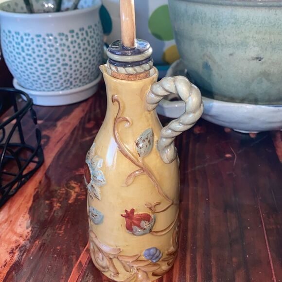 3 Piece Set of Colorful Artisan Oil & Vinegar Ceramic Bottles Black Metal Caddy - Picture 7 of 9